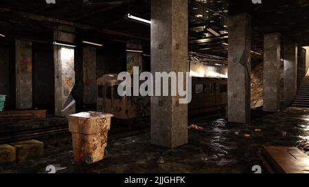 3D-Illustration einer zerstörten und verlassenen U-Bahn-Station Stockfoto