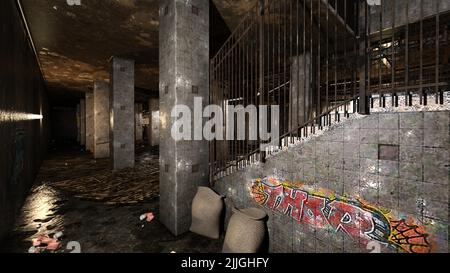 3D-Illustration einer zerstörten und verlassenen U-Bahn-Station Stockfoto