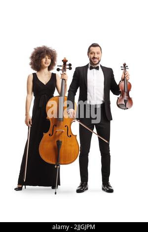 Elegante männliche und weibliche Musiker mit Kontrabass und Geige isoliert auf weißem Hintergrund Stockfoto