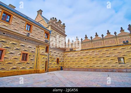 Die Wände des Schwarzenberg-Palastes, mit Sgraffito bedeckt und mit skulpturierten Elementen verziert, Hradcany, Prag, Tschechische Republik Stockfoto