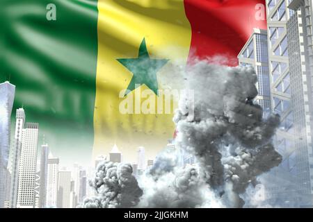 Große Rauchsäule in der modernen Stadt - Konzept der industriellen Explosion oder terroristischen Akt auf Senegal Flagge Hintergrund, Industrie 3D Illustration Stockfoto