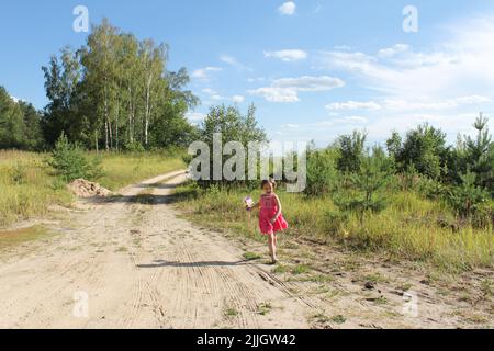 Lustige Kleinkind Mädchen in rosa Kleid mit einer Puppe läuft auf sandigen Weg zwischen Feldern und Wald. Speicherplatz kopieren. Stockfoto