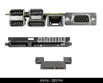 Steckverbinder, Buchsen für pc, Mainboards, weißer Hintergrund, Collage Stockfoto