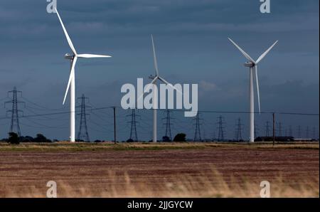 Nahaufnahme, Blick auf Little Cheyne Court Wind Farm, Romney Marsh, Kent. Stockfoto