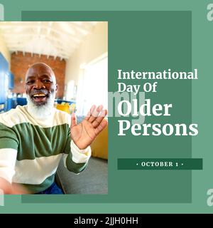 Bild des internationalen Tages der älteren Person über glücklichen älteren afroamerikanischen Mann Stockfoto
