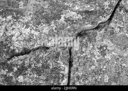 Großer, tiefer Spalt an der alten verputzten Wand. Reste von Gips. Zahlreiche Farbschichten. Schwarzweiß-Foto. Speicherplatz kopieren. Nahaufnahme. Selektiver FOC Stockfoto