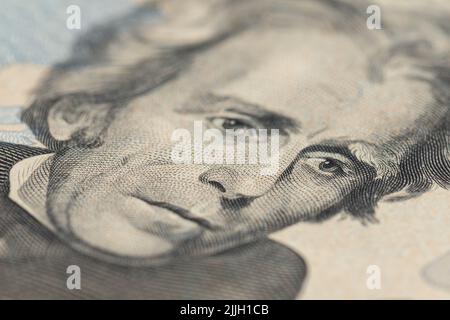 Andrew Jackson Porträt Makro usa zwanzig Dollar Banknote oder Rechnung. Stockfoto