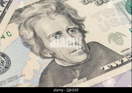 Andrew Jackson Porträt Makro usa zwanzig Dollar Banknote oder Rechnung. Stockfoto