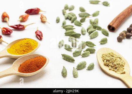 Gemahlene Paprika, Kurkuma und Ingwer-Gewürze in Holzlöffeln. Kardamom-Samen, trockene Paprikaschoten und Zimtstangen. Draufsicht. Weißer Hintergrund Stockfoto