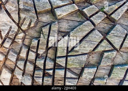 Textur, Hintergrund für die weitere Arbeit. Holzoberfläche durch chaotische Kerben geteilt Stockfoto