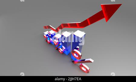 3D Balken und Grafiken aus glänzendem Glas oder Kunststoff, die Aufblähung darstellen. Stockfoto