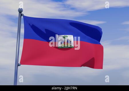 Eine 3D Illustration der wehenden Flagge von Haiti mit einem Chrom-Fahnenmast auf blauem Himmel Hintergrund Stockfoto