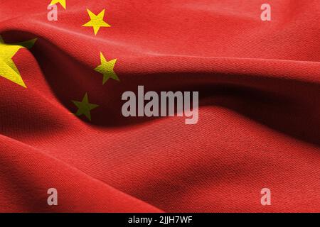 3D-Illustration Nahaufnahme Flagge von China. Winken auf dem textilen Hintergrund der Windfahne Stockfoto