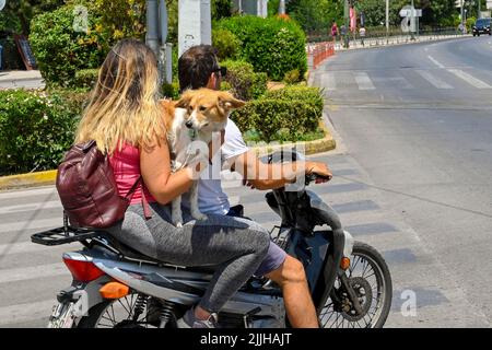 Athen, Griechenland - 2022. Mai: Mann und Frau auf einem Motorroller ohne Sturzhelme. Der Passagier hält einen Hund auf dem Sitz Stockfoto