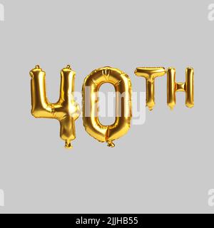 3D Abbildung von 40. goldenen Ballons isoliert auf weißem Hintergrund Stockfoto