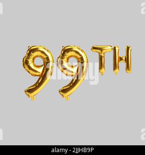 3D Abbildung von 99. goldenen Ballons isoliert auf weißem Hintergrund Stockfoto
