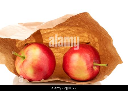 Zwei reife süße rote Äpfel in einem Kraftpapier-Beutel, Nahaufnahme isoliert auf weißem Hintergrund. Stockfoto