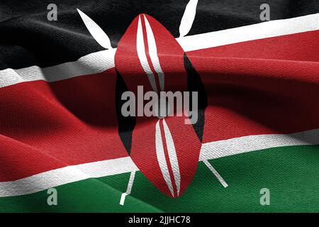 3D Illustration Nahauffahne von Kenia. Winken auf dem textilen Hintergrund der Windfahne Stockfoto