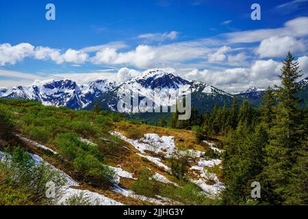 Blick von der Spitze der Straßenbahn in Richtung Mount Bradley über der Stadt Juneau in Alaska Stockfoto