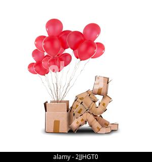 Box Charakter sitzt neben einer offenen Box mit roten Ballons schweben aus ihm. Aus dem Kasten heraus denken, isoliert auf weißem Hintergrund Stockfoto