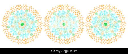 Drei Mandala-Kreise in sanften Pastelltönen in einem wirbelnden Weindesign auf weißem Hintergrund.drei Twirling Mandalas Stockfoto