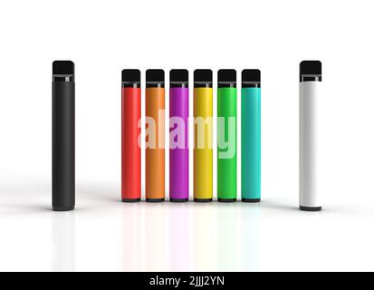3D Bunte Auswahl an elektronischen Einweg-Vaping-Vapes für die elektronische Zigarettenindustrie. 3D Darstellung rendern Stockfoto