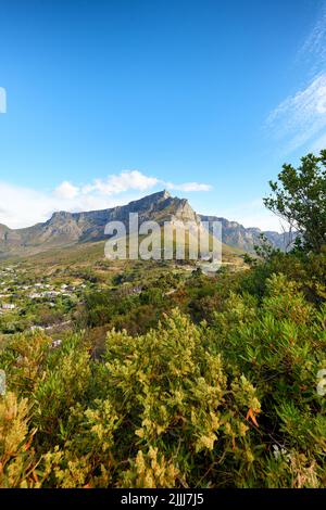 Natürliche grüne Bäume, Sträucher und ein blauer Himmel über felsigen Klippen auf einem Hügel. Schöne Landschaft Blick auf einen Berg mit Foren in der Natur. Hintergrund Stockfoto