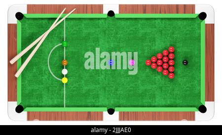 Snooker-Billardtisch und Billardball-Anordnung mit Queue. Oben orthographische Ansicht . Isoliert . Eingebettete Beschneidungspfade . 3D Rendern . Stockfoto