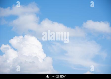 Blauer Himmel Hintergrund mit weißen flauschigen Cumulus Wolken. Panorama von weißen, flauschigen Wolken am blauen Himmel. Wunderschöner, riesiger blauer Himmel mit erstaunlichen verstreuten Stockfoto