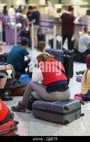 27. Juli 2022, Hessen, Frankfurt/Main: Passagiere warten auf die Möglichkeit, am frühen Morgen am Frankfurter Flughafen anzureisen. Aufgrund des Verdi-Warnstreiks hat Lufthansa fast ihren gesamten Flugplan für Mittwoch abgesagt. Foto: Frank Rumpenhorst/dpa Stockfoto