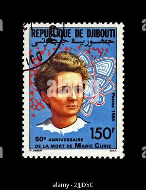 Marie Sklodowska-Curie (1867-1934), um 1984. Bekannter Wissenschaftler, Phisiker, Radioaktivitätsbeobachter. Vintage Poststempel isoliert auf Bllack Stockfoto