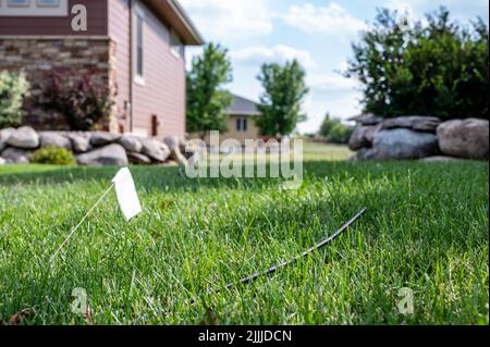 Glasfaserkabel, das im Gras liegt und bereit ist, in einem Wohnhaus installiert zu werden. Stockfoto