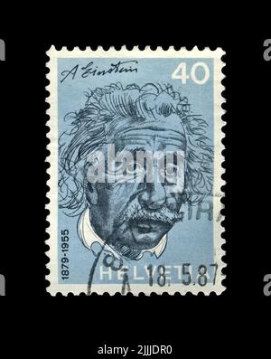 Albert Einstein, berühmter Wissenschaftler, Physiker, Nobelpreisträger, um 1972. Abgesagte Briefmarke gedruckt in der Schweiz Stockfoto