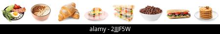 Sammlung von leckeren Frühstücken isoliert auf weiß Stockfoto