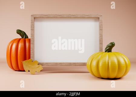 Holz leerer Rahmen gelb und orange Kürbisse mit Eiche verlassen Happy Thahksgiving Vorlage 3D Rendern. Stockfoto