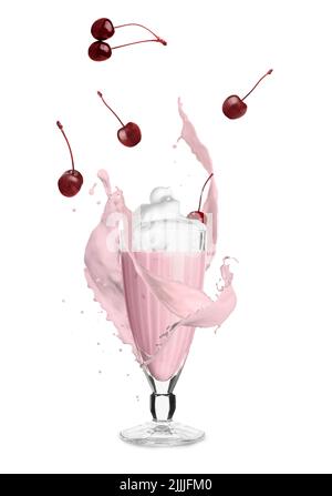 Glas leckerer Kirschmilchshake mit Spritzern auf weißem Hintergrund Stockfoto