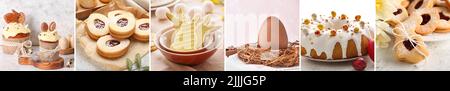 Set von schönen Osterdesserts auf hellem Hintergrund Stockfoto