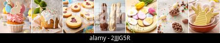 Gruppe von schönen Osterdesserts auf hellem Hintergrund Stockfoto