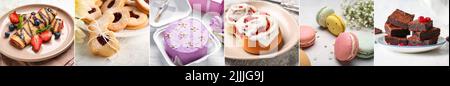 Gruppe von köstlichen Desserts auf hellem Hintergrund Stockfoto