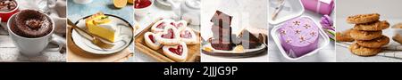 Collage von leckeren Desserts auf dem Tisch Stockfoto