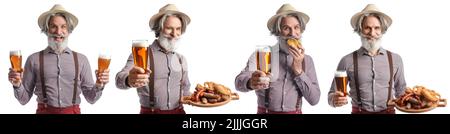 Set von älteren Mann in traditioneller deutscher Kleidung, mit Bier und Snacks auf weißem Hintergrund Stockfoto