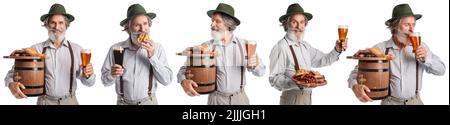 Set von älteren Mann in traditioneller deutscher Kleidung, mit Bier und Snacks auf weißem Hintergrund Stockfoto