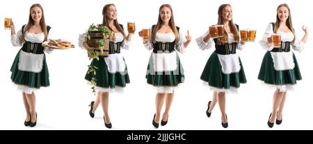 Set von jungen Oktoberfest Kellnerin mit Bier und Snacks auf weißem Hintergrund Stockfoto