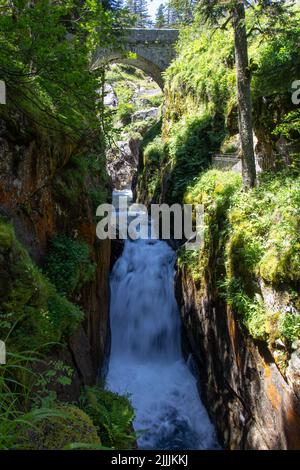 Eine vertikale Aufnahme eines Wasserfalls, der in einem Wald mit üppiger grüner Natur in den Pyrenäen in Frankreich fließt Stockfoto