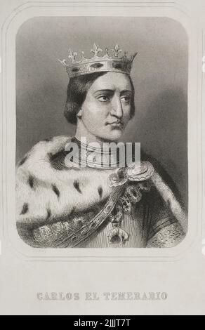 Karl I. von Burgund (1433-1477), sogenannter „der mutige“. Herzog von Burgund. Hochformat. Gravur von Geoffroy. „Historia Universal“, von César Cantú. Band VIII. 1858. Stockfoto