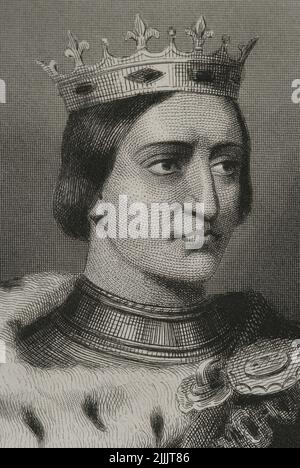 Karl I. von Burgund (1433-1477), sogenannter „der mutige“. Herzog von Burgund. Hochformat. Gravur von Geoffroy. Details. „Historia Universal“, von César Cantú. Band VIII. 1858. Stockfoto