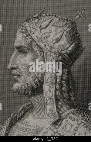 Justinian I. der große (482-565). Kaiser des Oströmischen Reiches. Hochformat. Gravur. Details. „Historia Universal“, von César Cantú. Band VIII. 1858. Stockfoto