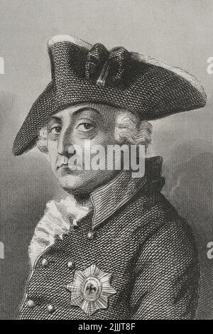 Friedrich II. Der große (1712-1786). König von Preußen. Hochformat. Gravur von Geoffroy. „Historia Universal“, von César Cantú. Band VIII. 1858. Stockfoto