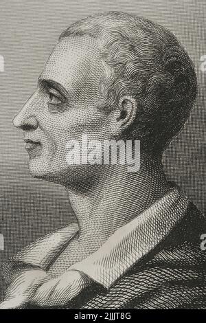 Montesquieu (1689-1755). Französischer Philosoph. Hochformat. Gravur von Geoffroy. Details. „Historia Universal“, von César Cantú. Band VIII. 1858. Stockfoto