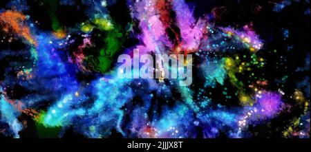 Abstrakter kosmischer Raum und Sterne fließendes digitales Fluidmuster in Acryl-Malstil - Heller Raum künstlerisches Konzept Stockfoto